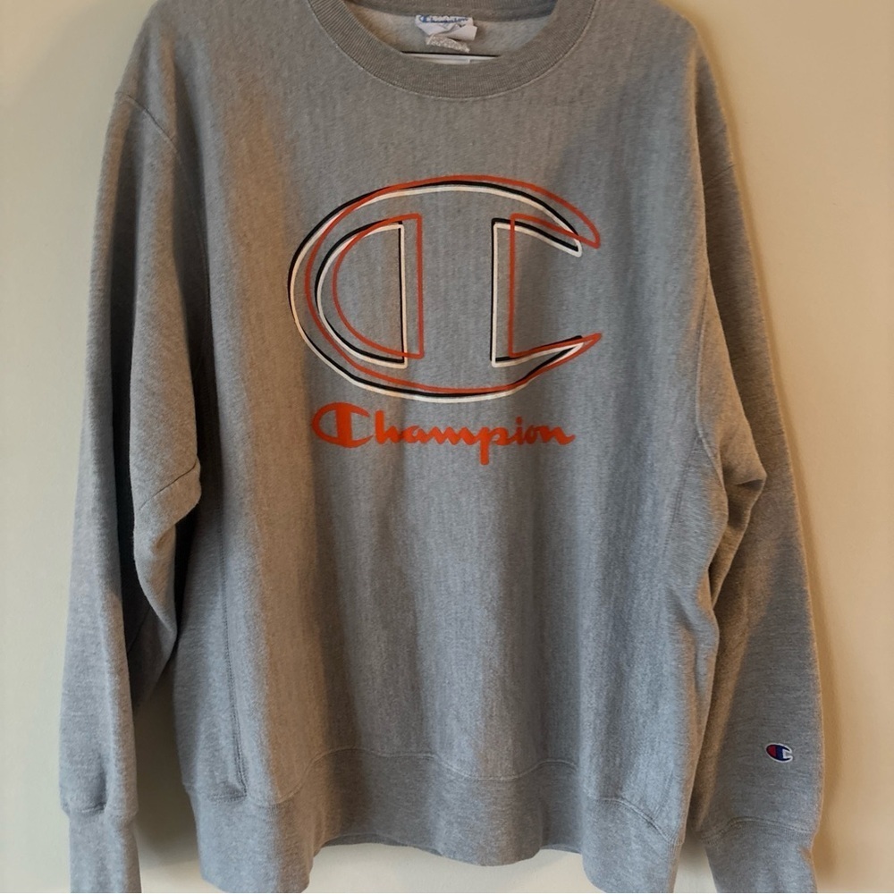 Champion Gray Crewneck Sweater with Orange Logo - Picture 9 of 9